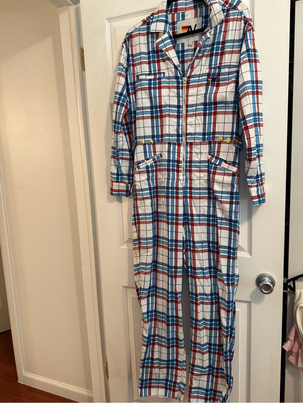 Aviator Nation Plaid Zip-Front Jumpsuit - White, Blue & Red